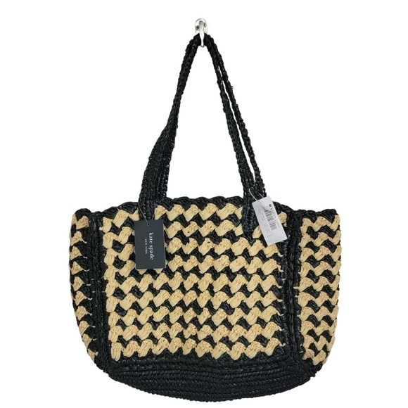 Kate Spade New York High Tide Striped Crochet Raffia Medium Tote Black and Light - Picture 2 of 6